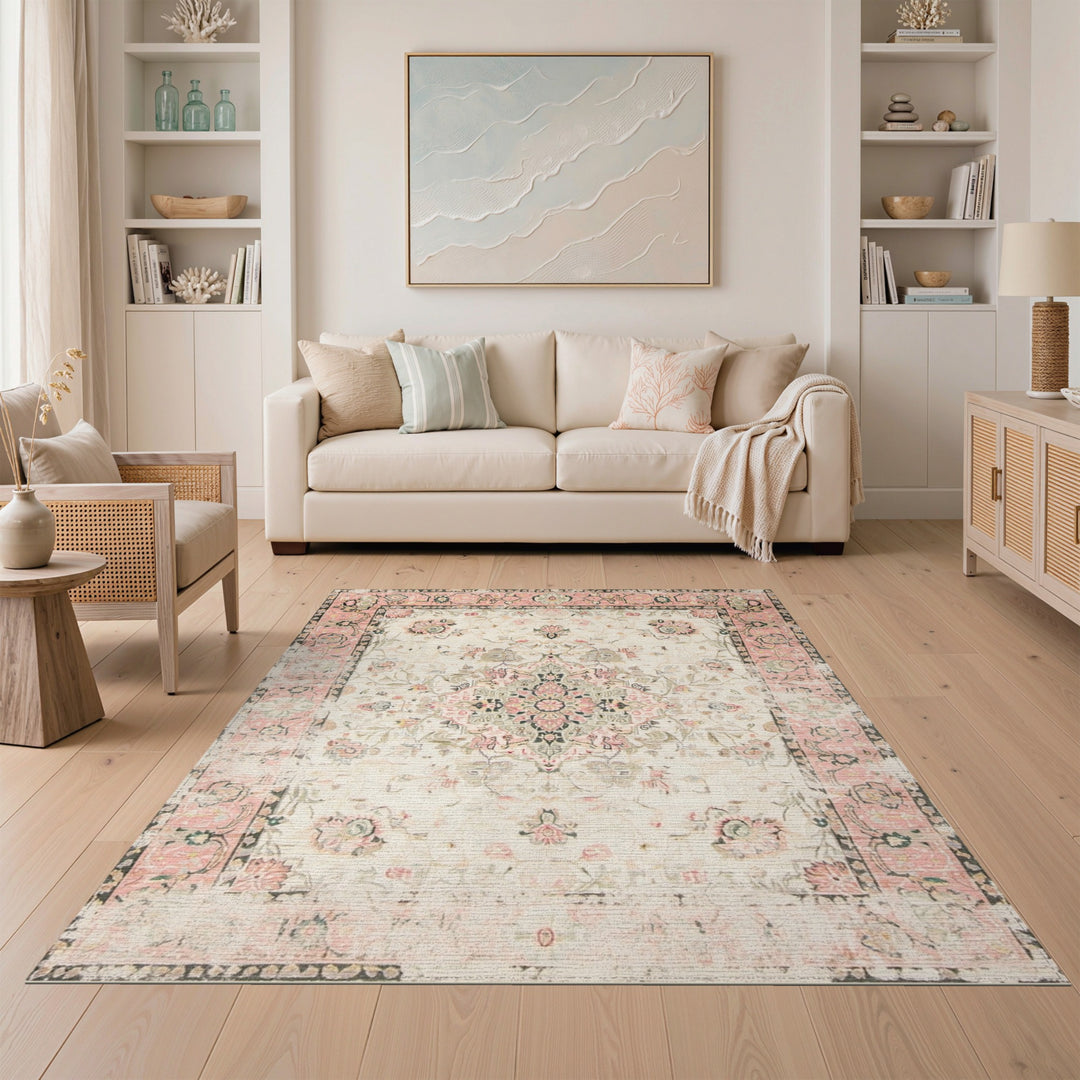 Pink Floral Vintage Medallion Area Rug