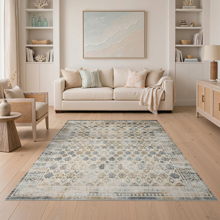 Beige Neutral Distressed Geometric Area Rug