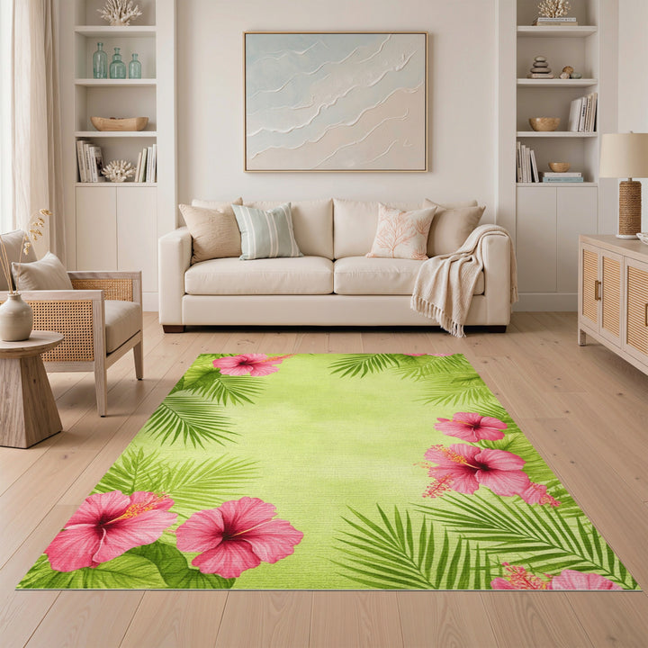 Pink Hibiscus Palm Leaf Washable Area Rug
