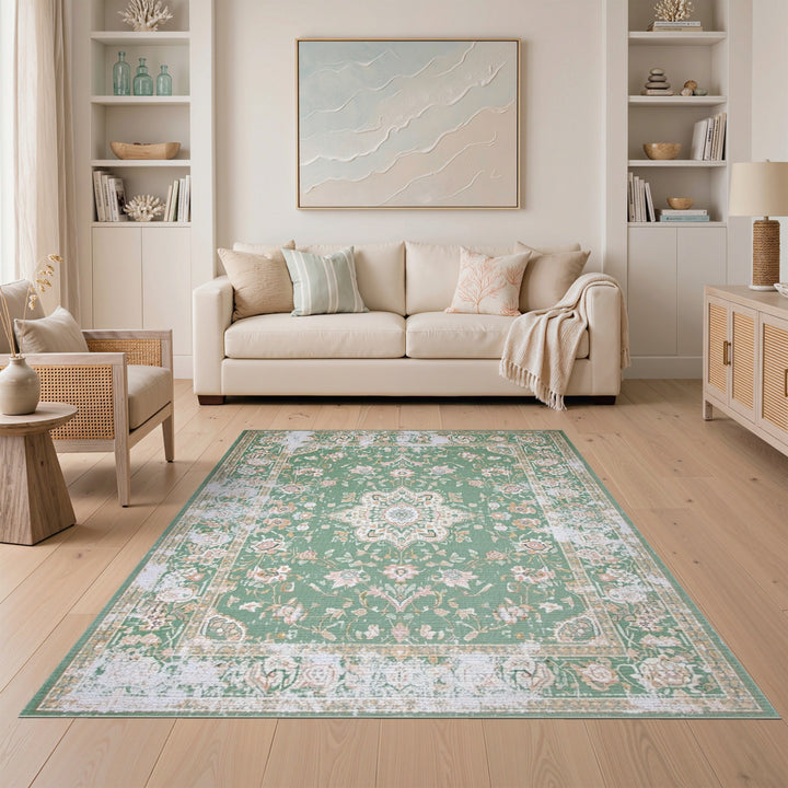Green Distressed Green Floral Vintage Area Rug