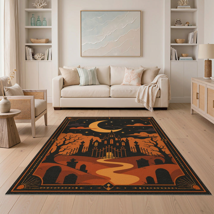 Orange Haunted Castle Halloween Area Rug