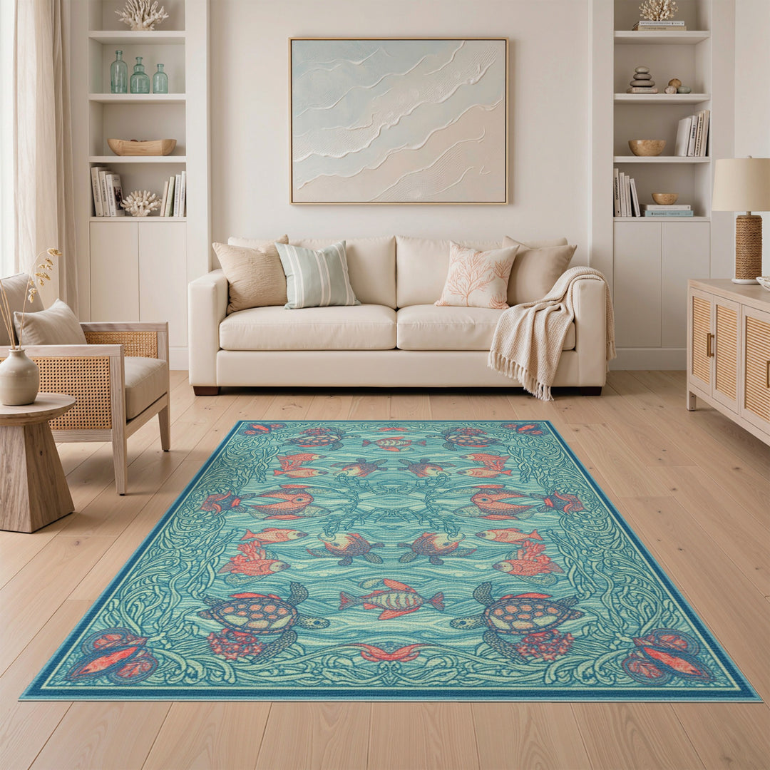 Coastal Blue Sea Turtle Area Rug
