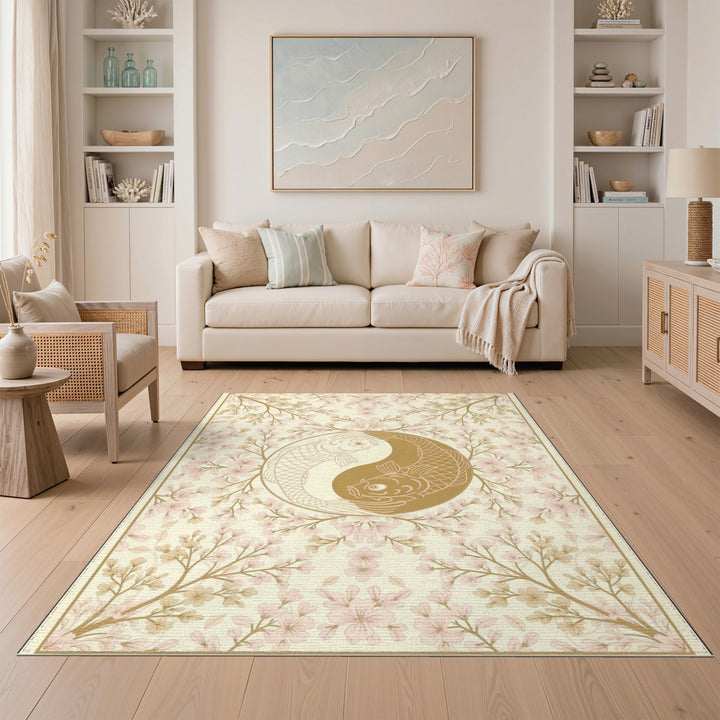 Koi Yin Yang Cherry Blossom Beige Area Rug