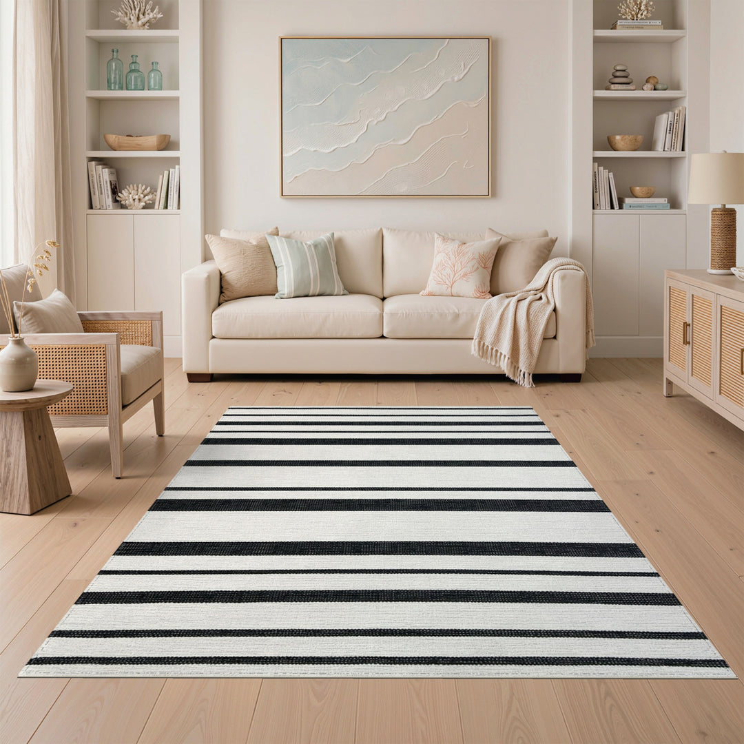 Black White Striped Geometric Area Rug