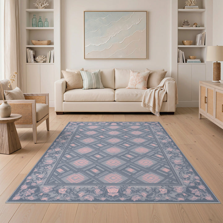 Blue Geometric Pink Floral Border Rug
