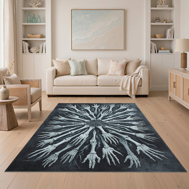 Black White Skeletal Hands Mandala Area Rug