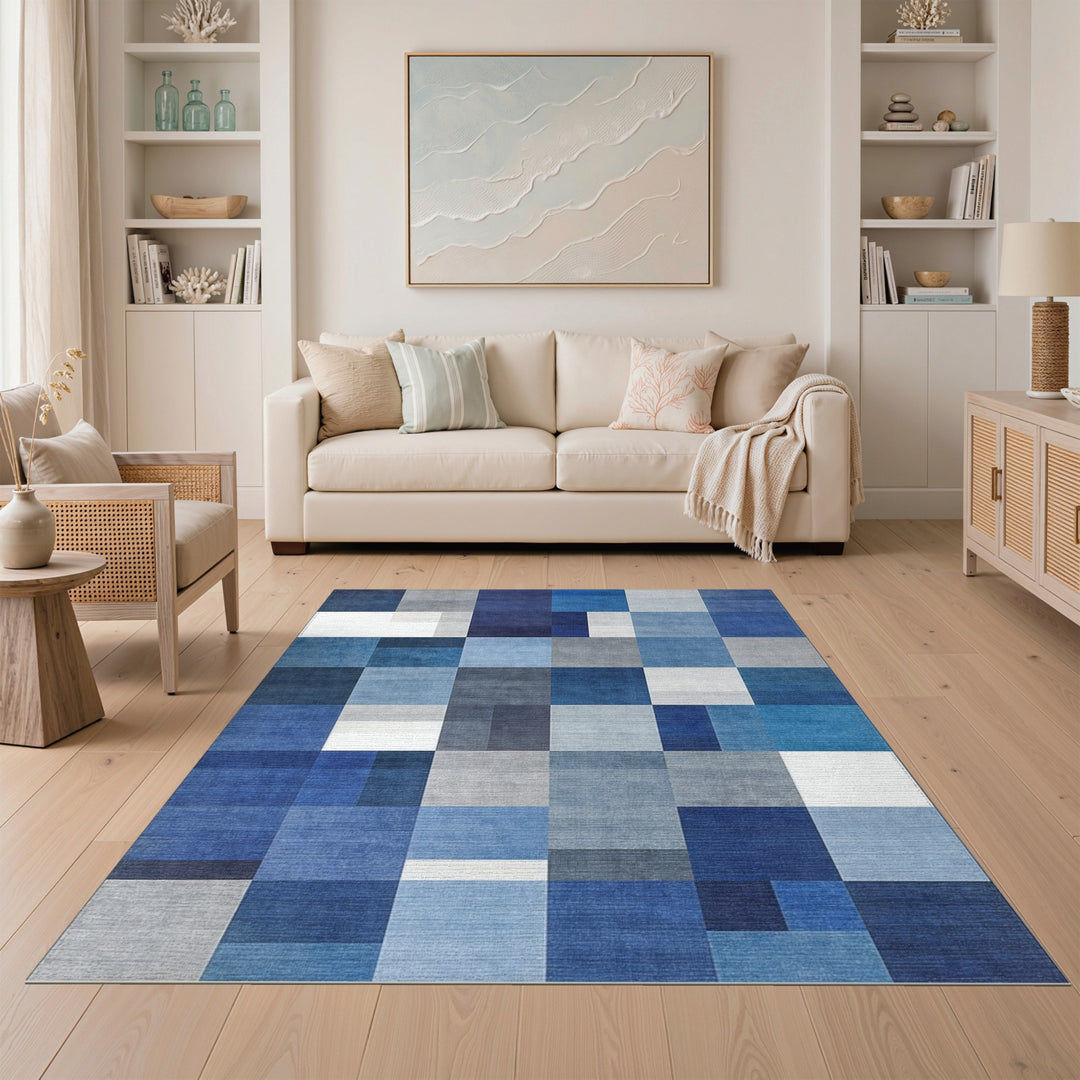 Blue and Teal Block Blue Geometric Block Area Rug