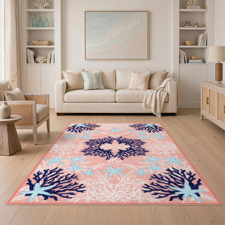 Pink Coral Starfish Coastal Area Rug