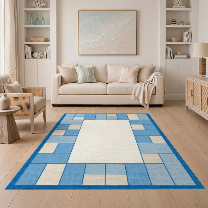Blue and Teal Blue Geometric Border Area Rug