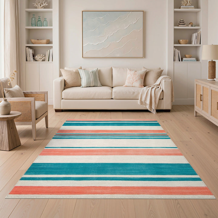 Teal Coral Striped Geometric Area Rug