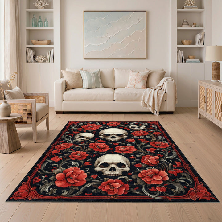 Gothic Skull Red Floral Area Rug