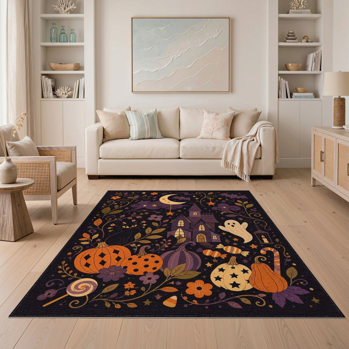 Multi-color and Patterns Kids Cartoon Spooky Halloween Haunted House Area Rug