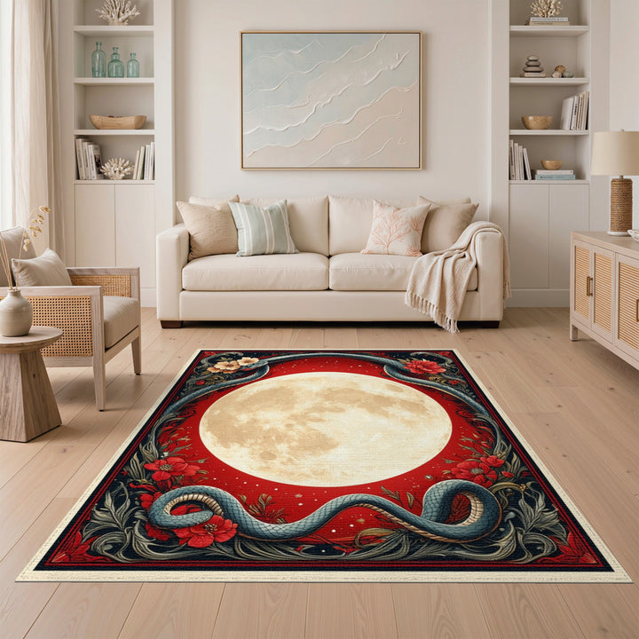 Celestial Serpent Moon Red Area Rug