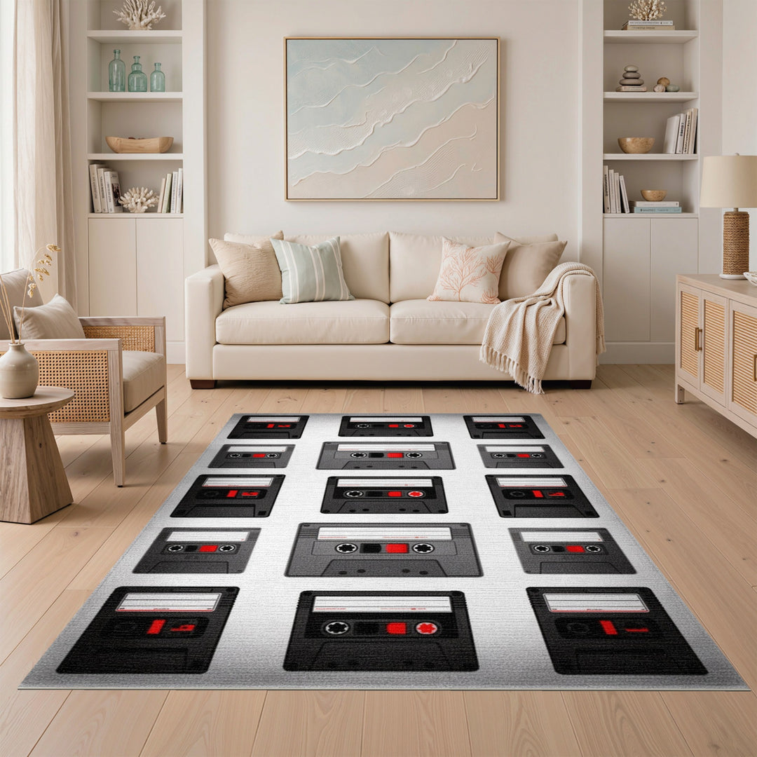 Vintage Cassette Black White Area Rug