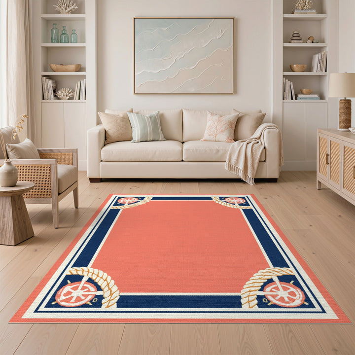 Nautical Coral Ship Wheel Area Rug