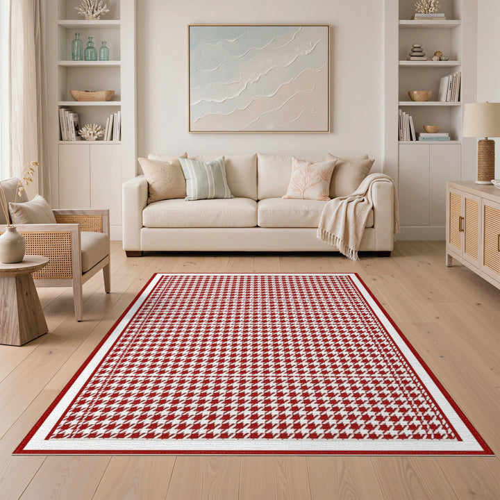 Red Houndstooth Washable Area Rug