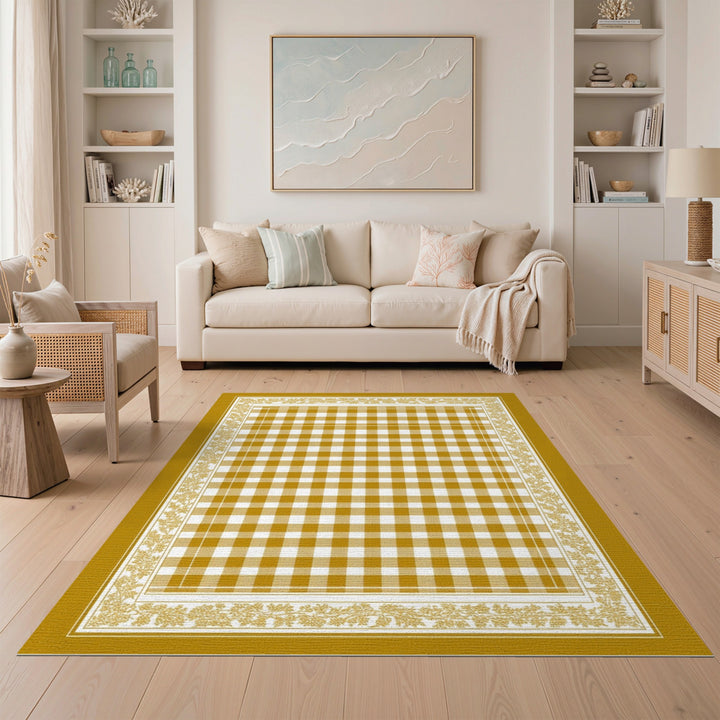 Yellow Gingham Checkered Rug with Floral Border