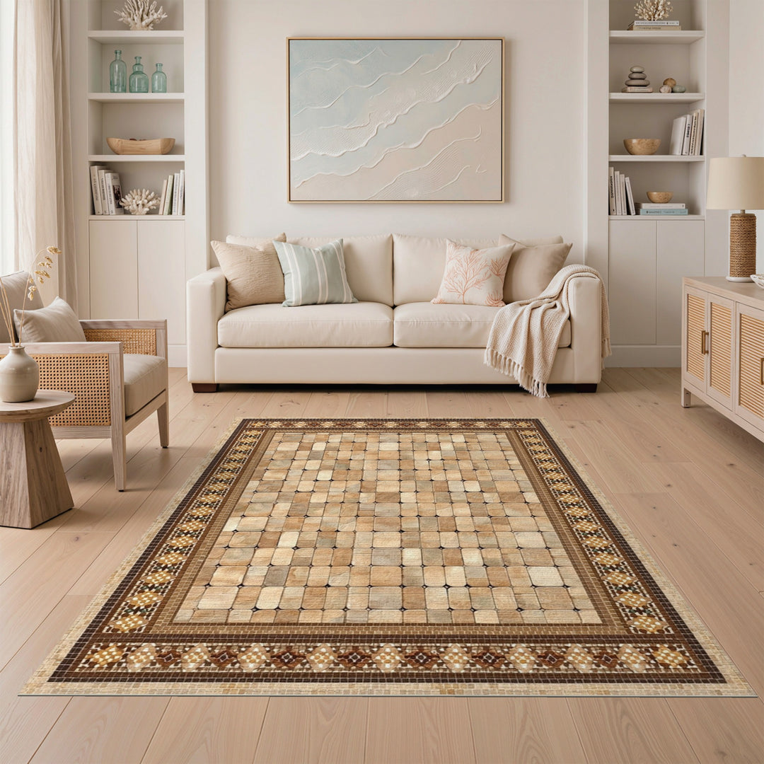 Brown Tan Mosaic Tile Area Rug
