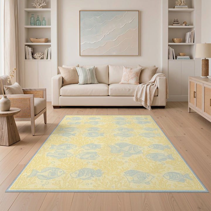 Coastal Beach Blue Fish Coastal Area Rug