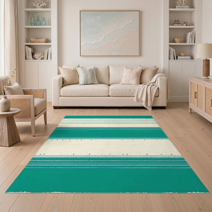 Teal Geometric Striped Washable Area Rug
