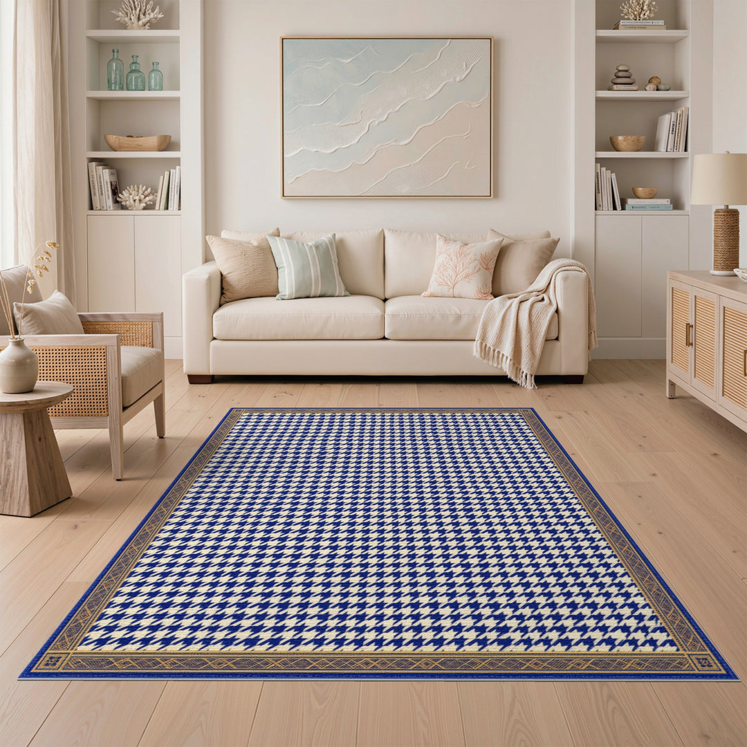 Navy Blue Houndstooth Bordered Area Rug