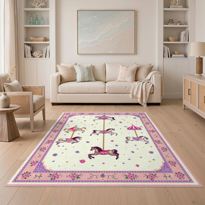 Kids Cartoon Pink Carousel Horse Kids Area Rug