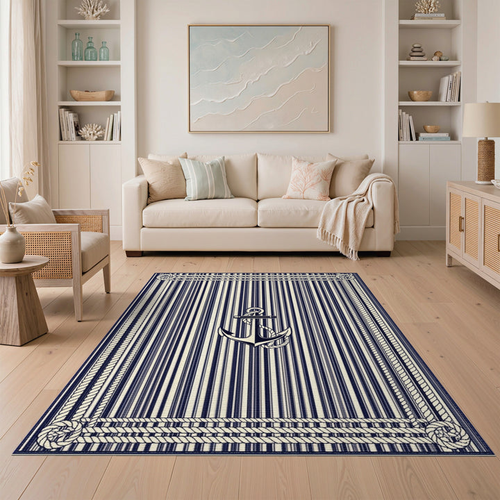 Navy Striped Anchor Rope Border Area Rug