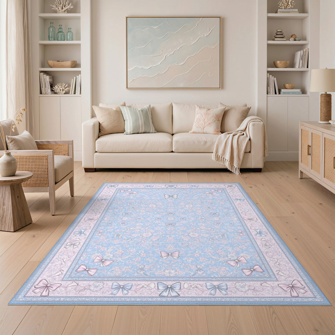 Pastel Blue Floral Bow Area Rug