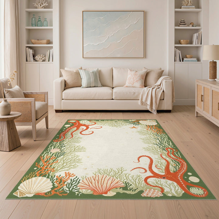 Red Octopus Coastal Green Area Rug
