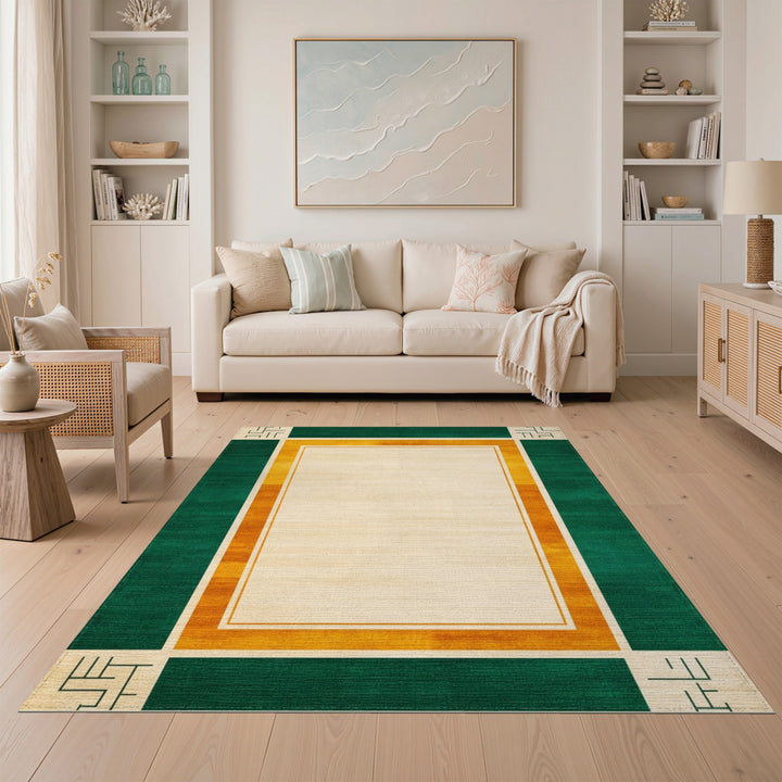 Green Geometric Area Rug with Orange Border