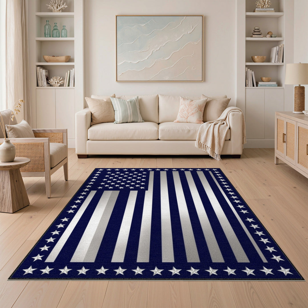 Navy Silver Stripe Flag Area Rug