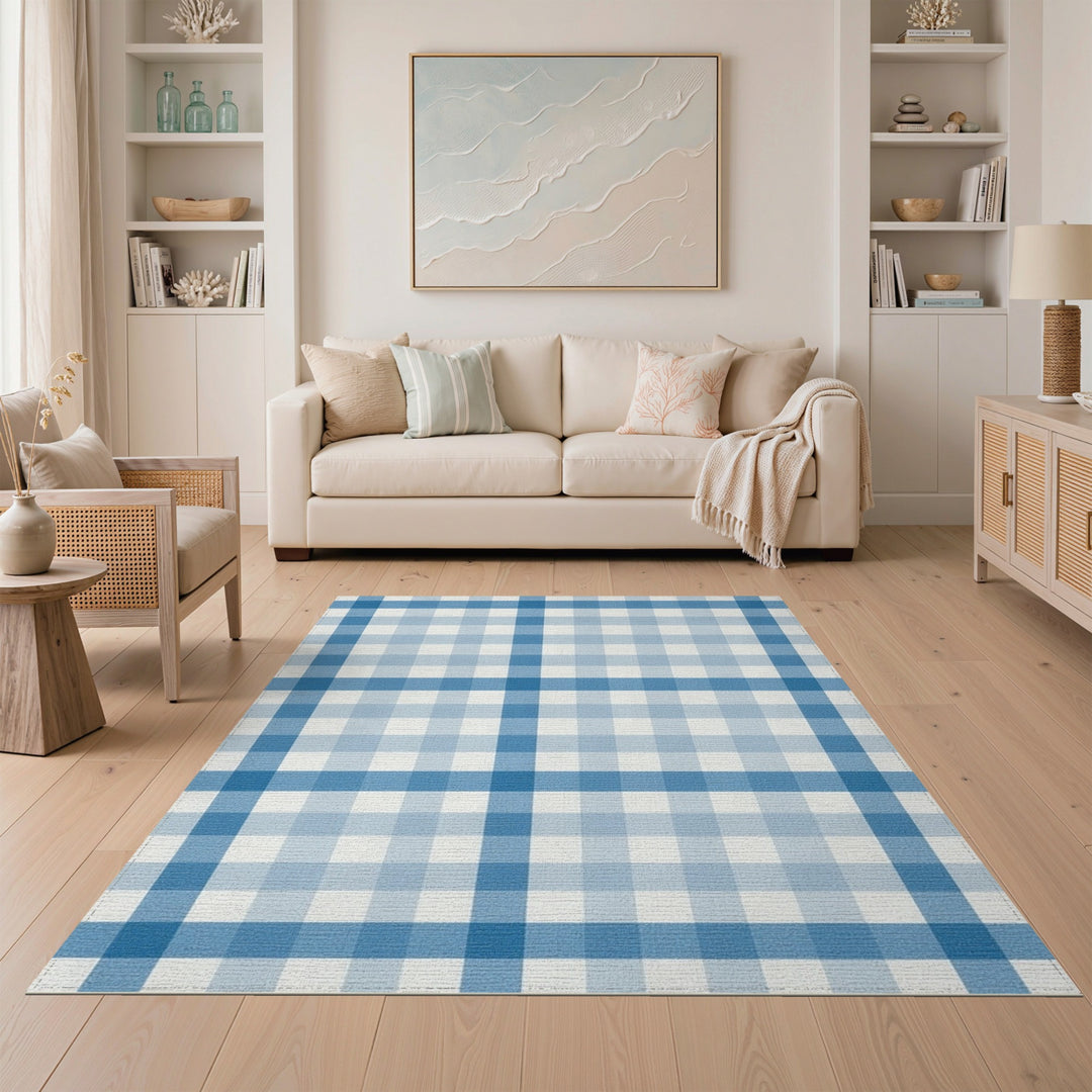 Geometric Modern Gingham Blue Gingham Checkered Area Rug