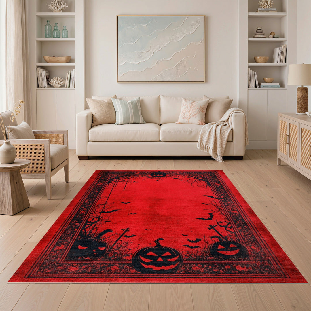 Spooky Red Halloween Pumpkin Area Rug