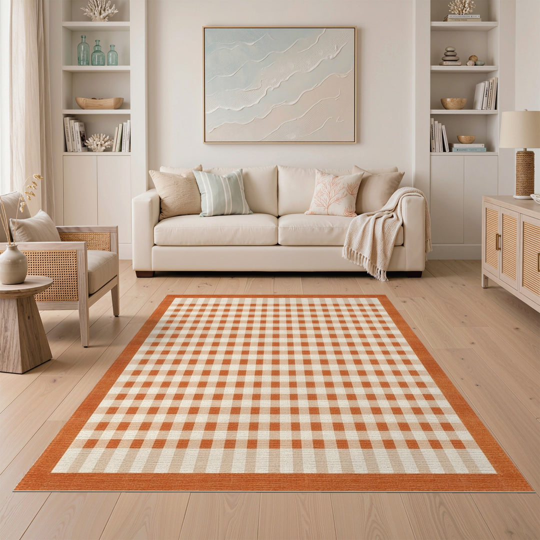 Orange Gingham Checkered Bordered Area Rug