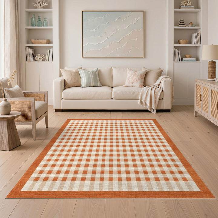 Orange Gingham Checkered Bordered Area Rug
