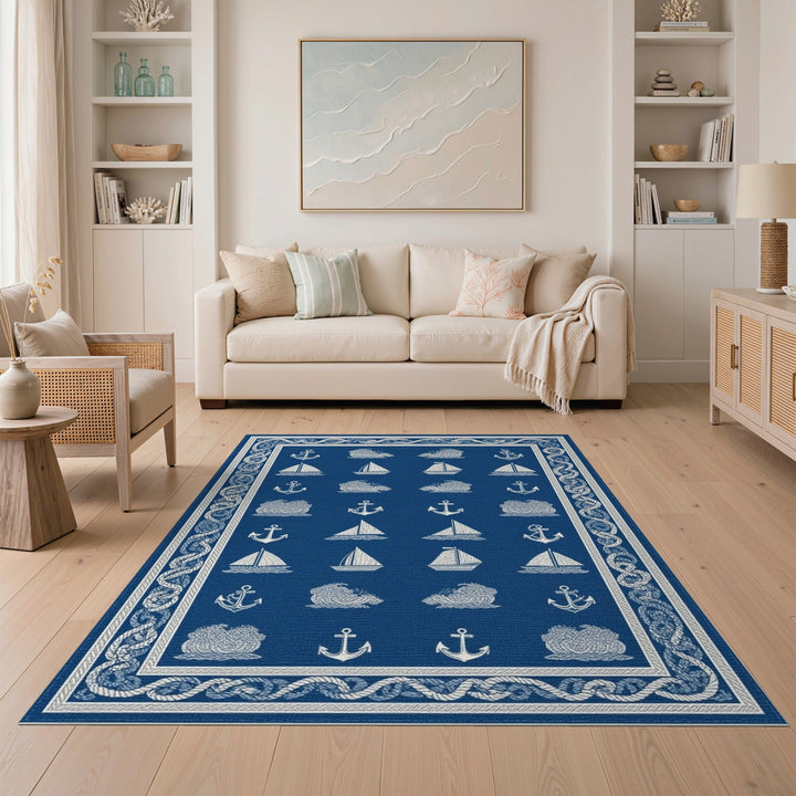 Nautical Blue Anchor Sailboat Area Rug