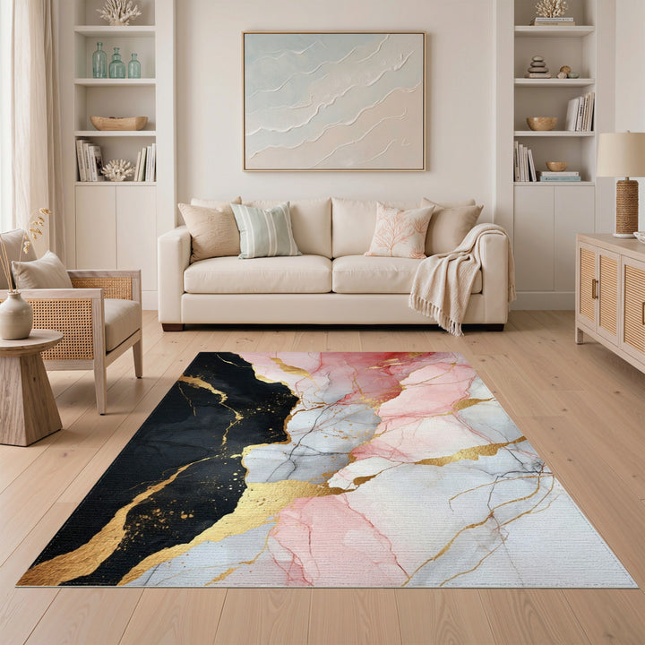 Multi-color and Patterns Abstract Pink Gold Marble Area Rug