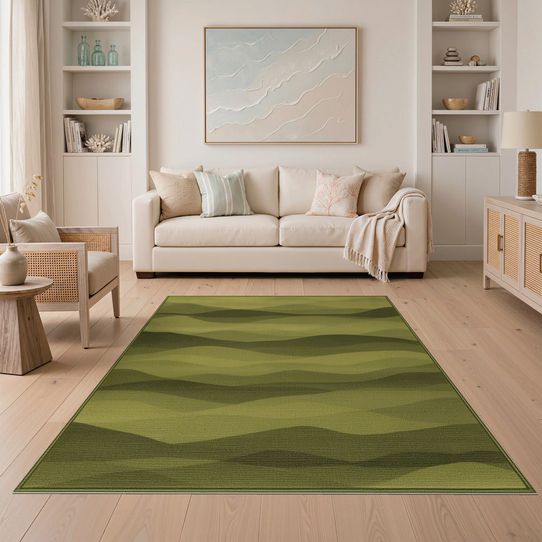 Green Layered Waves Abstract Area Rug
