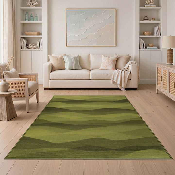 Green Layered Waves Abstract Area Rug