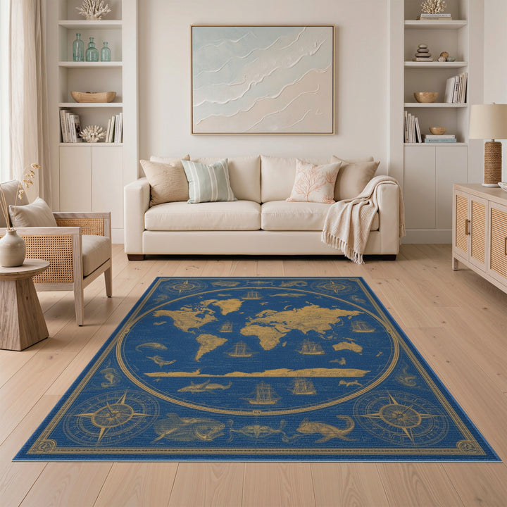Vintage Nautical World Map Blue Area Rug