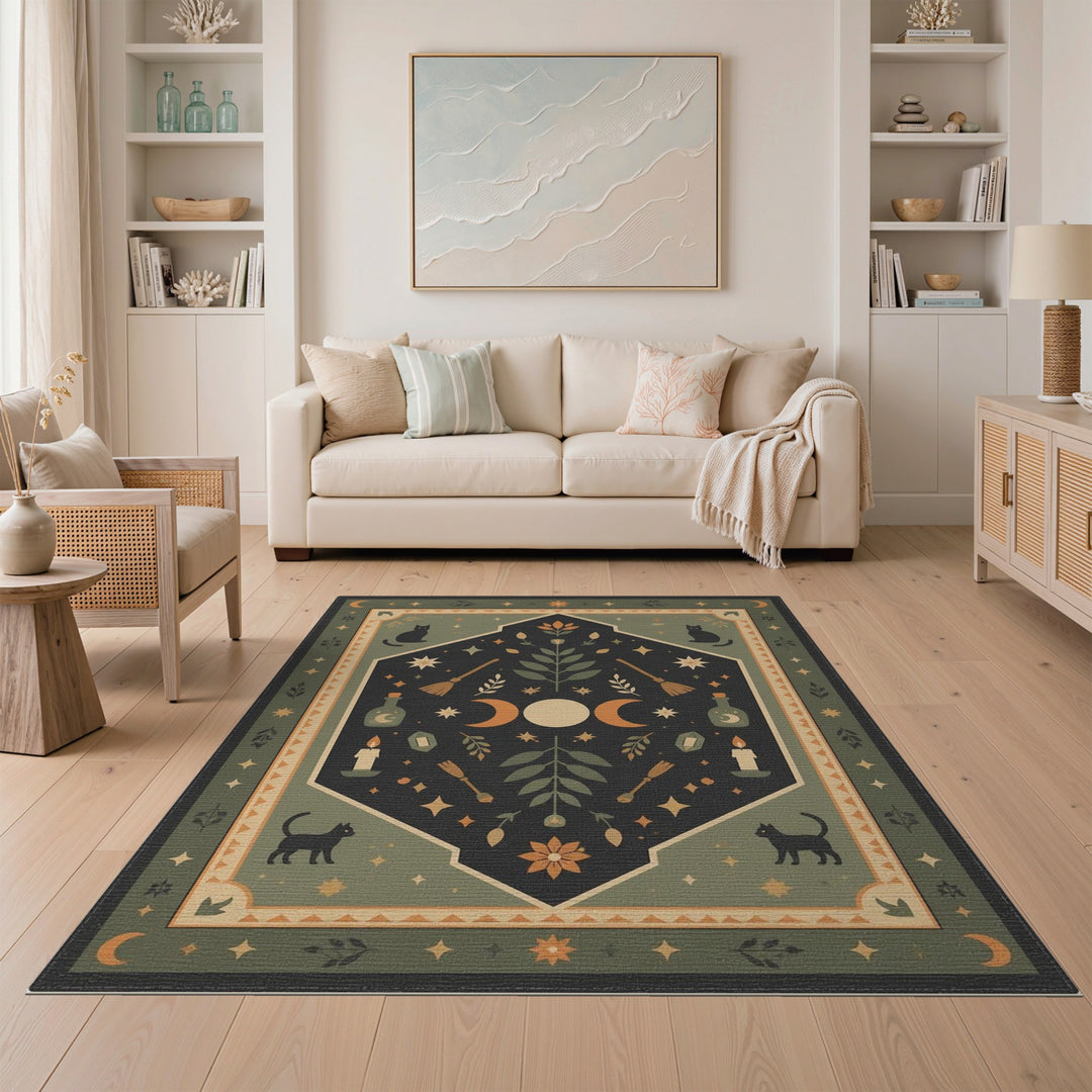 Mystic Cat Moon Green Area Rug
