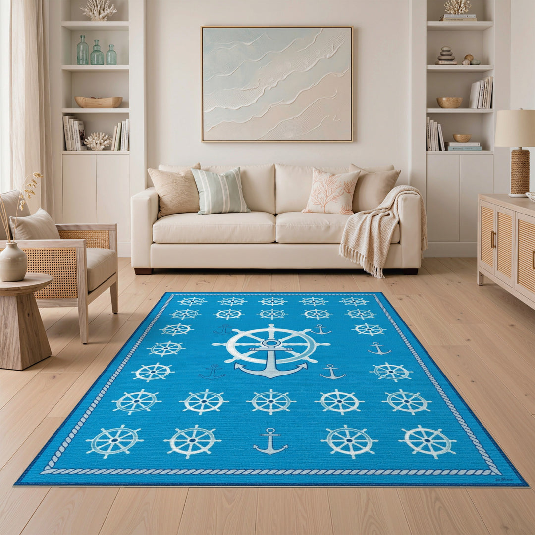 Blue Nautical Ship Wheel Anchor Area Rug