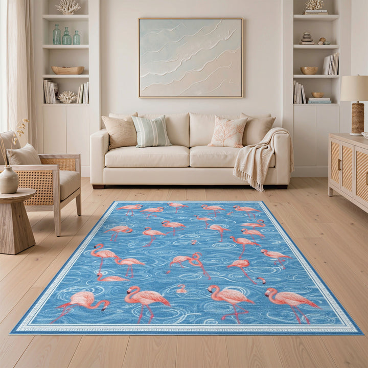 Flamingo Coastal Blue Area Rug