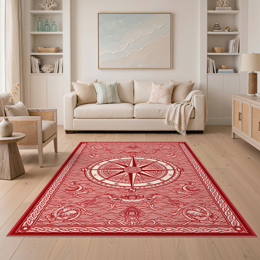 Red Nautical Compass Area Rug