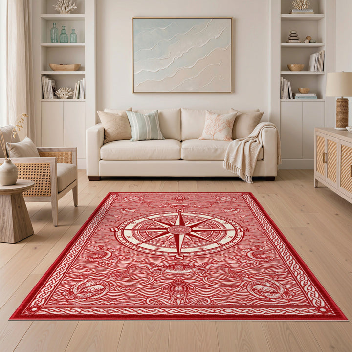 Red Nautical Compass Area Rug