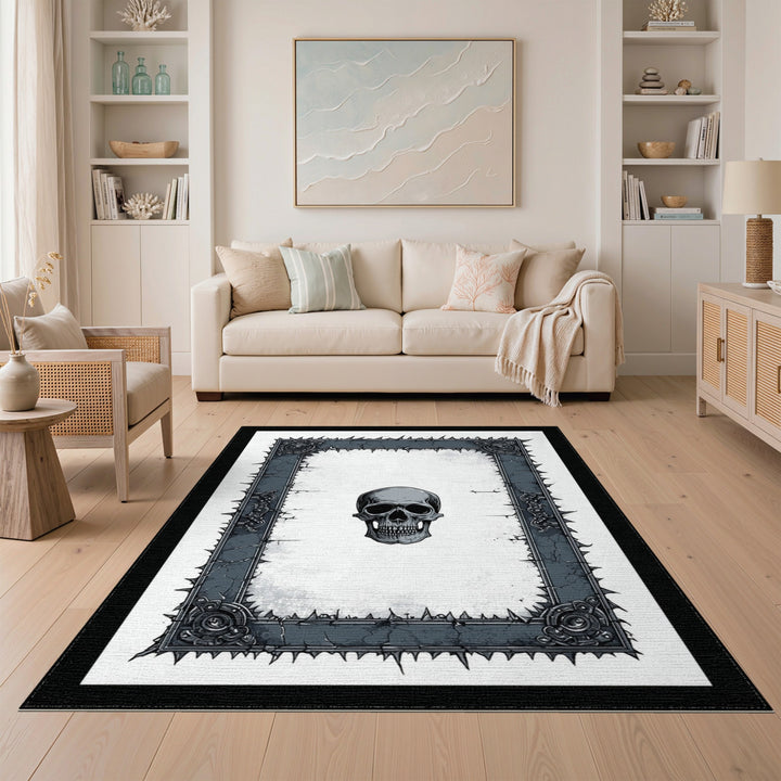 Black White Skull Frame Distressed Rug