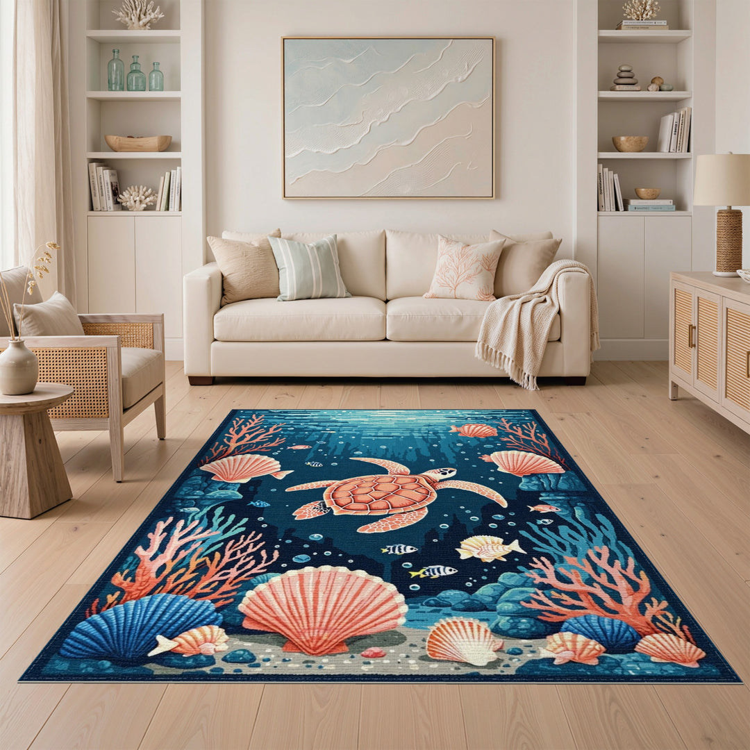 Sea Turtle Coral Washable Area Rug