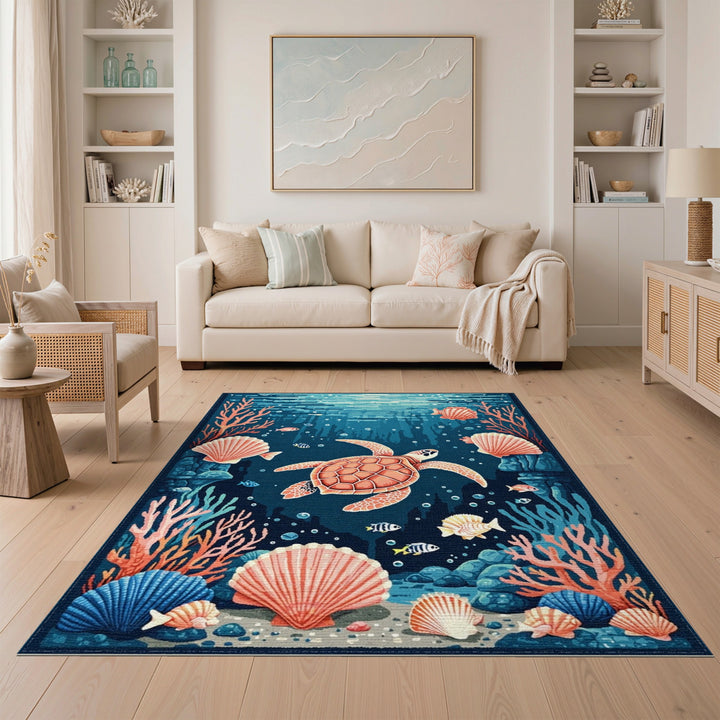 Sea Turtle Coral Washable Area Rug