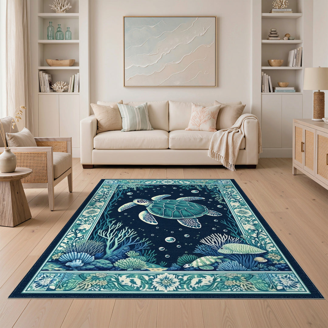 Blue Teal Sea Turtle Coastal Area Rug