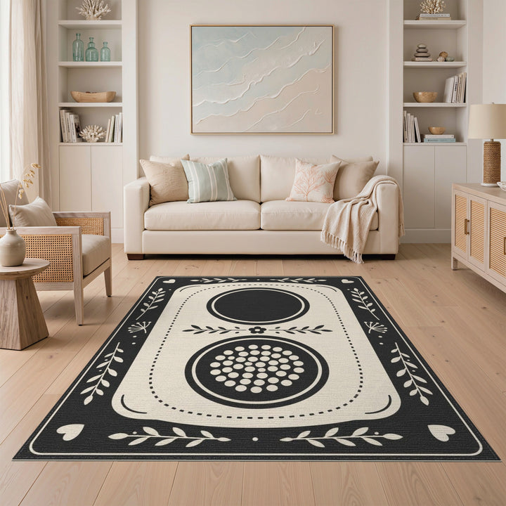 Black White Geometric Floral Area Rug
